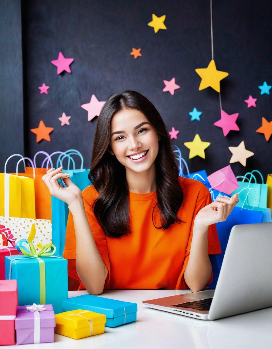 A joyful online shopper surrounded by colorful products, with a bright, cheerful background showcasing a variety of items like clothes, gadgets, and decor, all glowing with happiness. Add elements like sparkling stars and smiley faces to emphasize the joy of online shopping. Include a friendly, welcoming interface on a digital device. vibrant colors. super-realistic.
