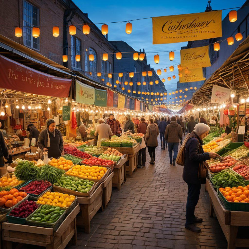 A vibrant market scene showcasing a diverse range of products, with happy shoppers exploring and discovering unique items. Prominent colorful banners announcing exciting promotions hang overhead, with an inviting atmosphere filled with bright lights and cheerful faces. The stalls are overflowing with fresh produce, artisanal goods, and creative displays, creating a sense of abundance and joy. In the background, a friendly vendor engages with a customer, embodying the essence of community and connection. vibrant colors. super-realistic.
