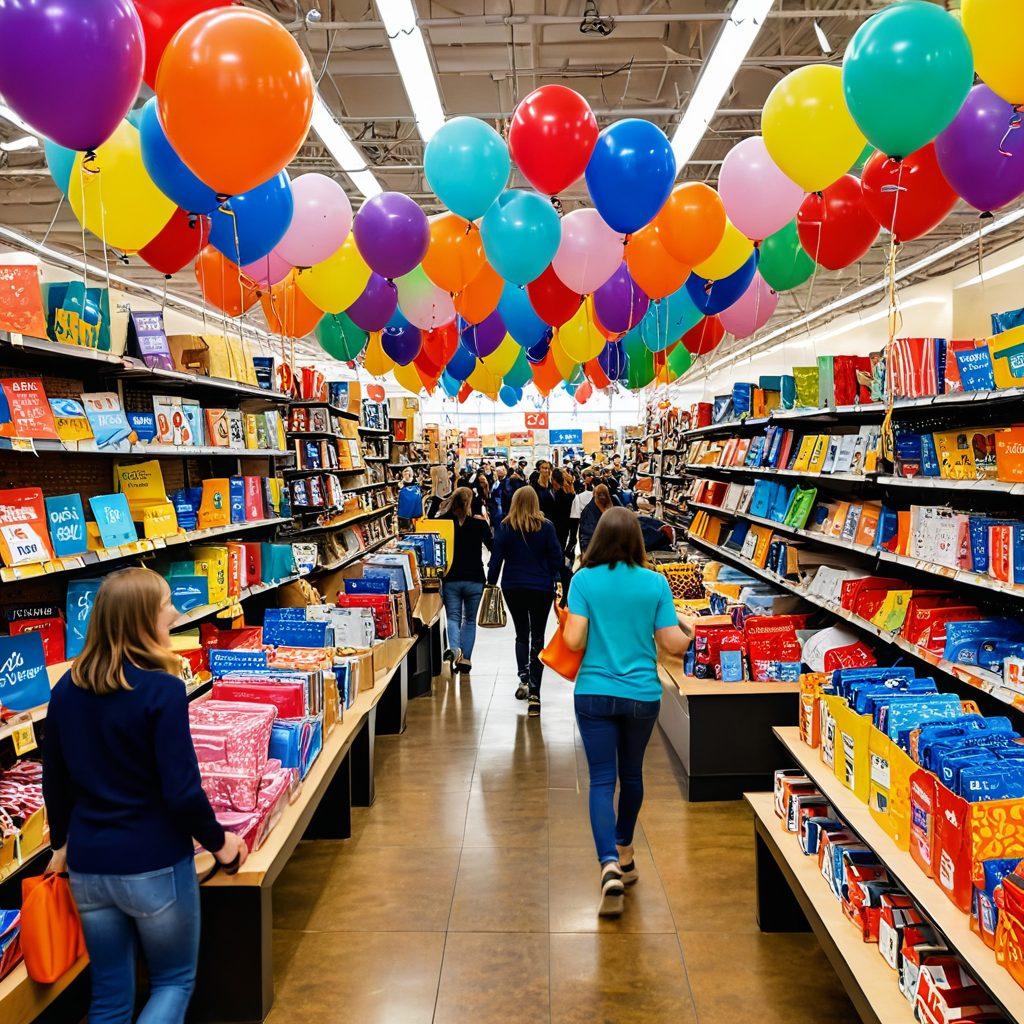 A vibrant, sunlit Peavy Store interior filled with happy shoppers discovering amazing deals. Shelves bursting with colorful products, shiny price tags showcasing discounts, and cheerful staff assisting customers. Incorporate a whimsical atmosphere with balloons and banners that read 'Cheerful Bargains!' in bold letters. The image should evoke a sense of excitement and joy in shopping. bright colors. super-realistic.